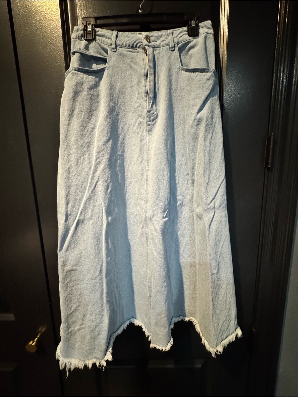 Light Wash Denim Maxi Skirt with Frayed Hem